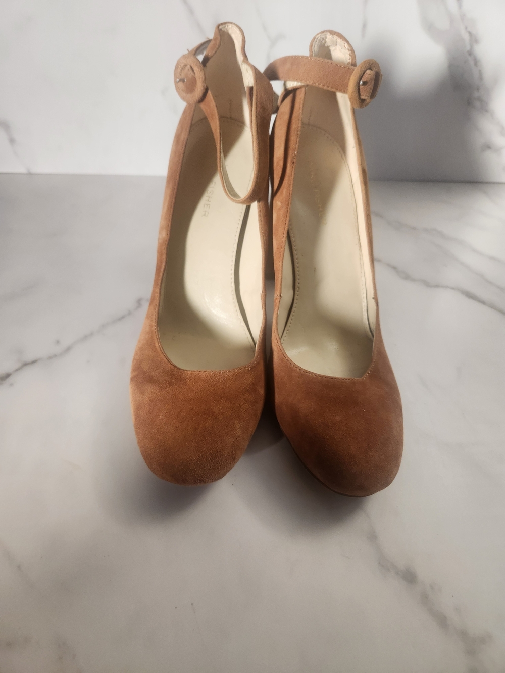 Women’s Tan Suede Ankle-Strap Pumps